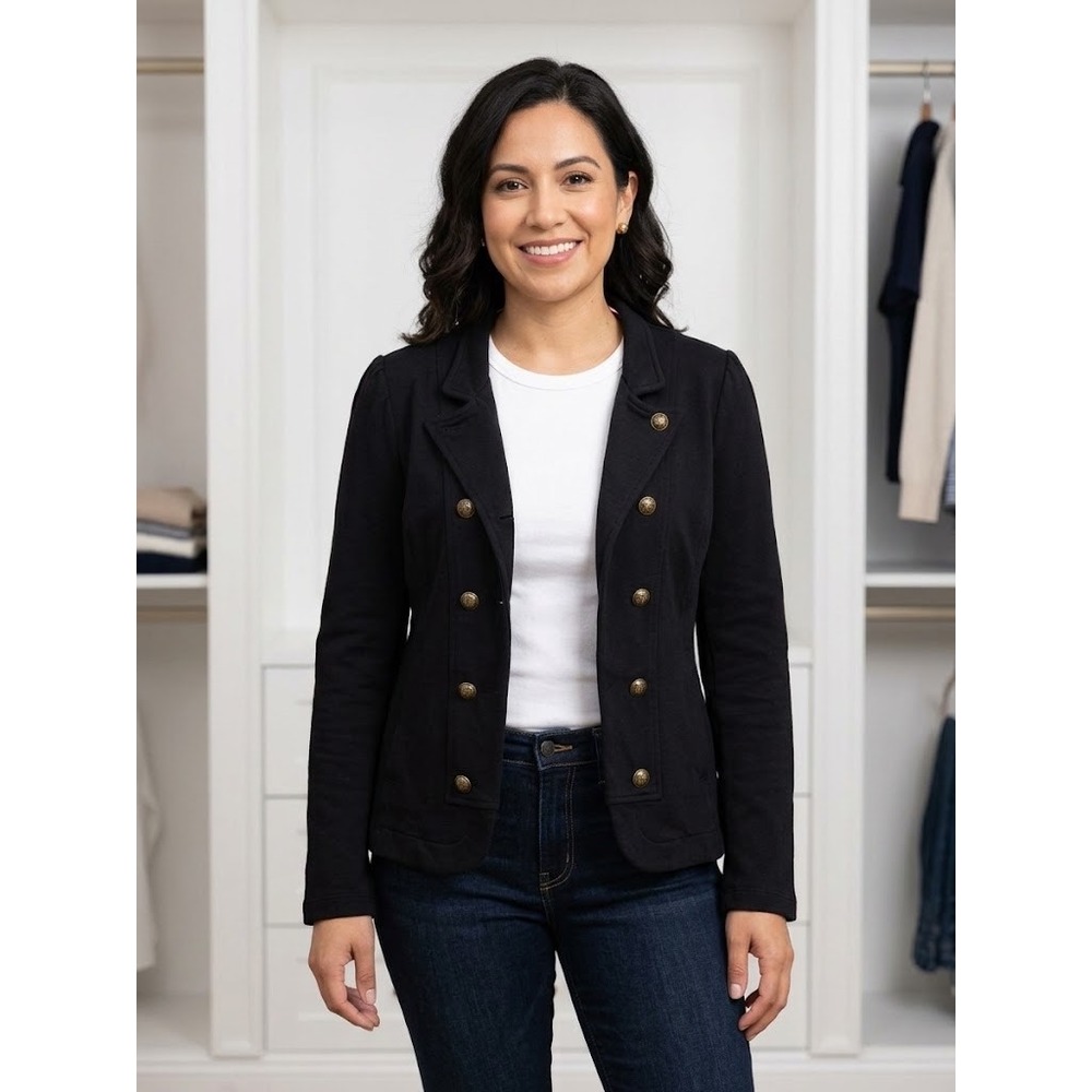 Tommy Hilfiger Womens Navy Knit Double Breasted Blazer Gold Crest Buttons